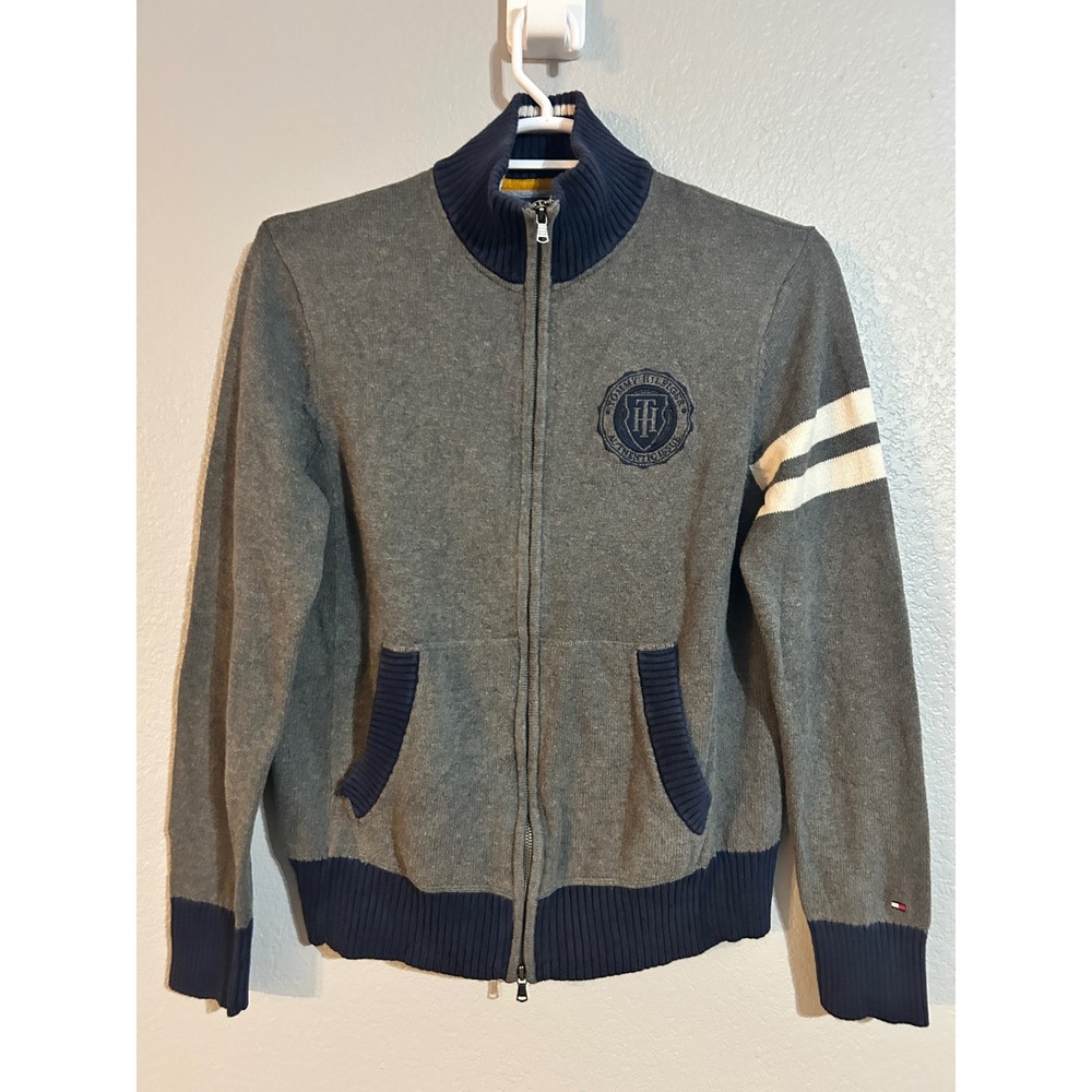 Tommy Hilfiger Mens Full Zip Cardigan Sweater Gray Navy Crest Logo Large L